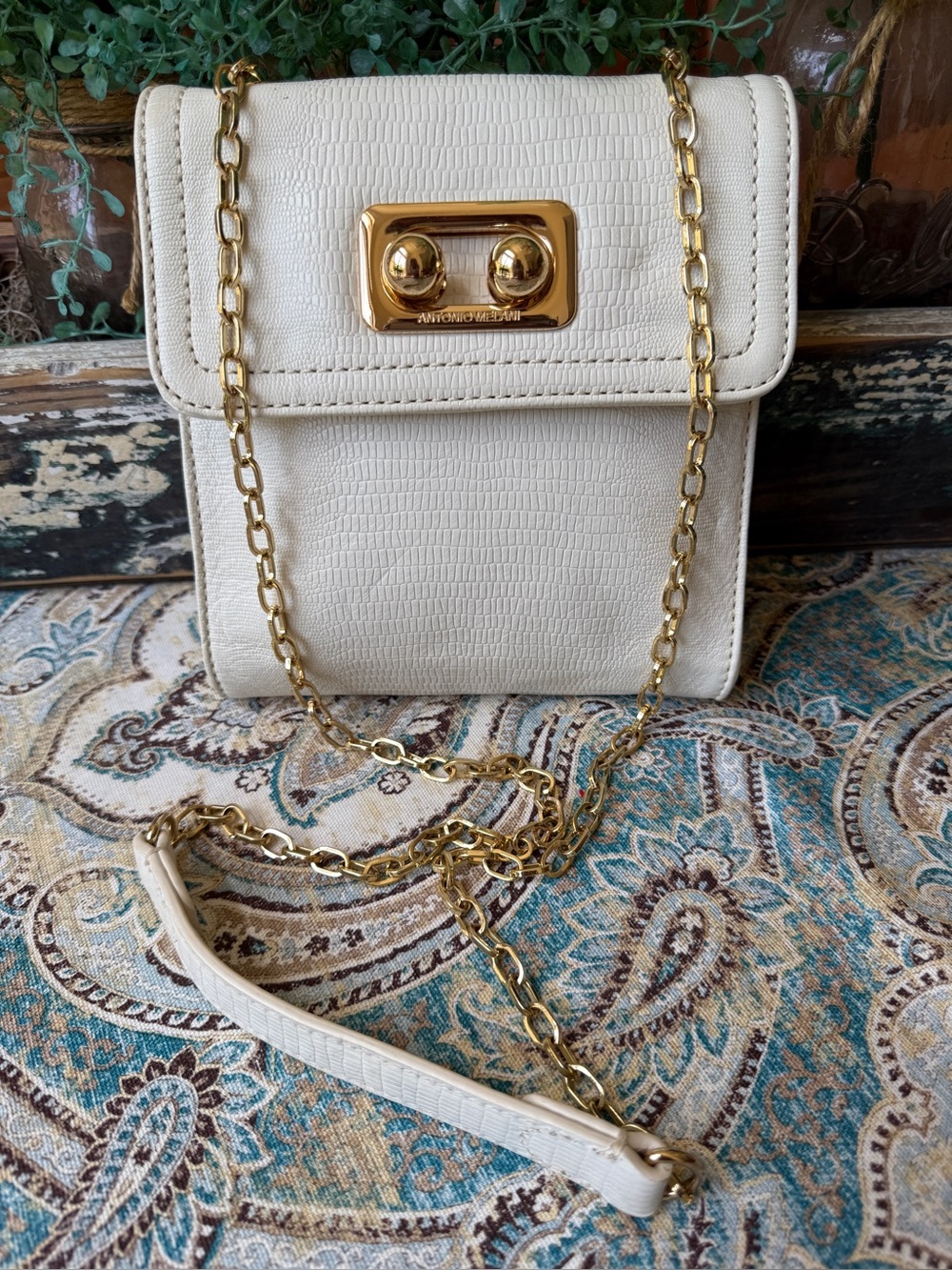 Antonio Melani Ivory Leather Embossed Reptile Gold Chain Crossbody Bag